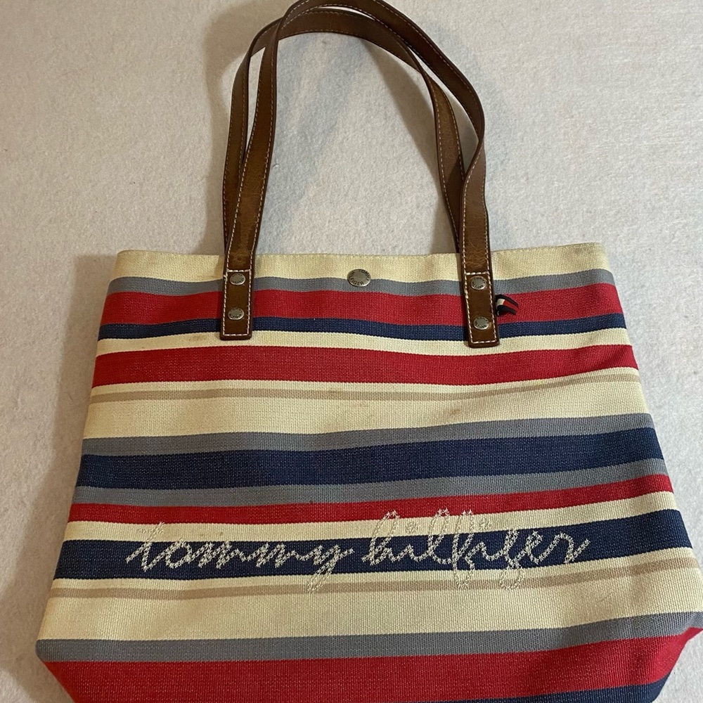 Tommy Hilfiger Bag Canvas Tote Bag Vintage Red Cream Striped leather Handles